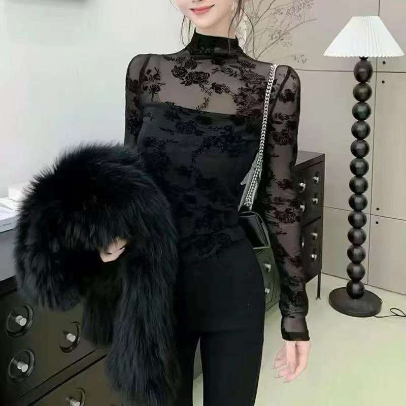 【现货】欧货半高领碎花蕾丝衫2025秋冬性感微透长袖打底衫