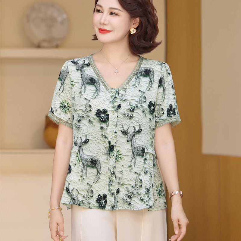 9085妈妈装上衣夏季新款薄款小个子新款中老年女装t恤短袖洋气