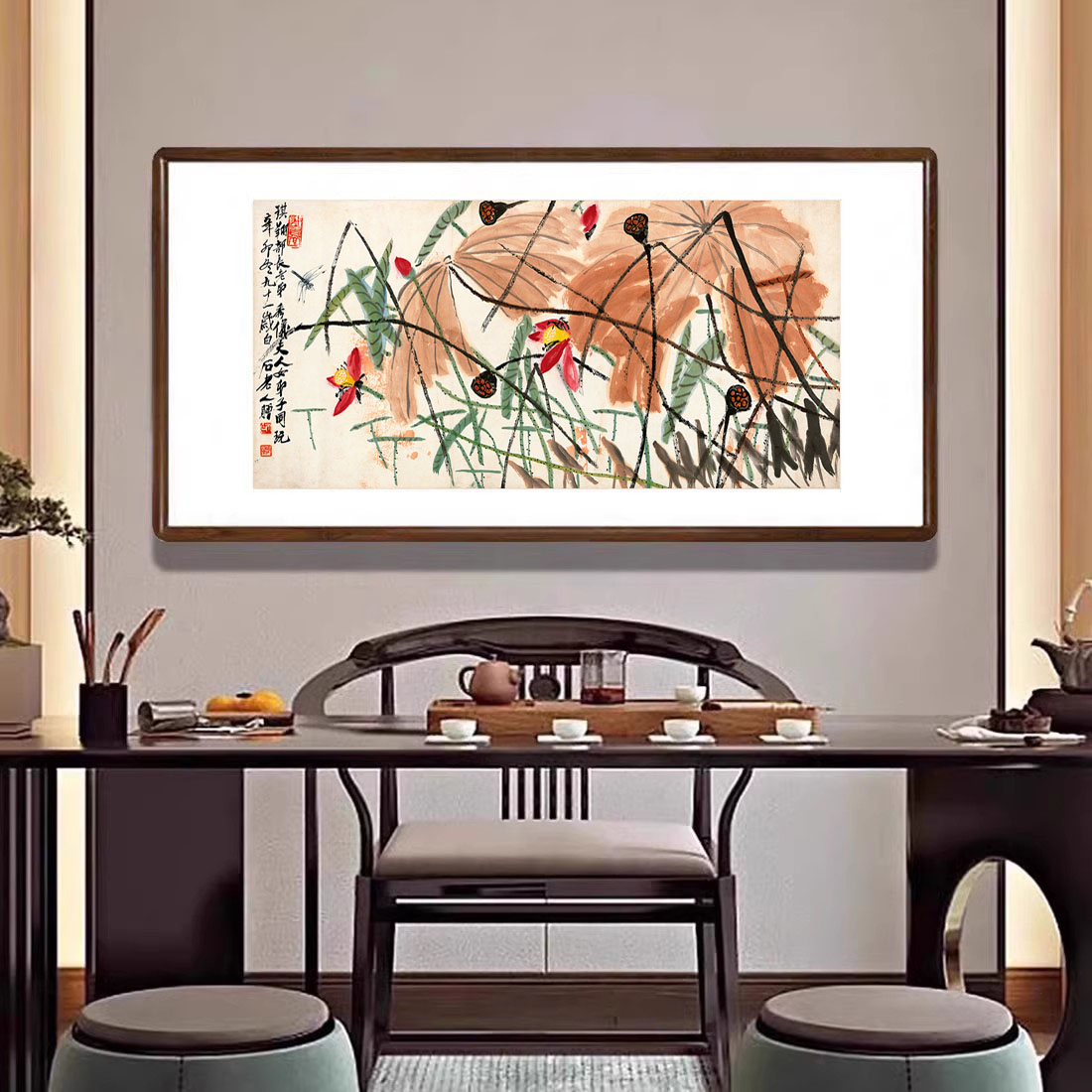 荷花挂画新中式客厅沙发背景墙装饰画餐厅书房国画水墨画莲花壁画