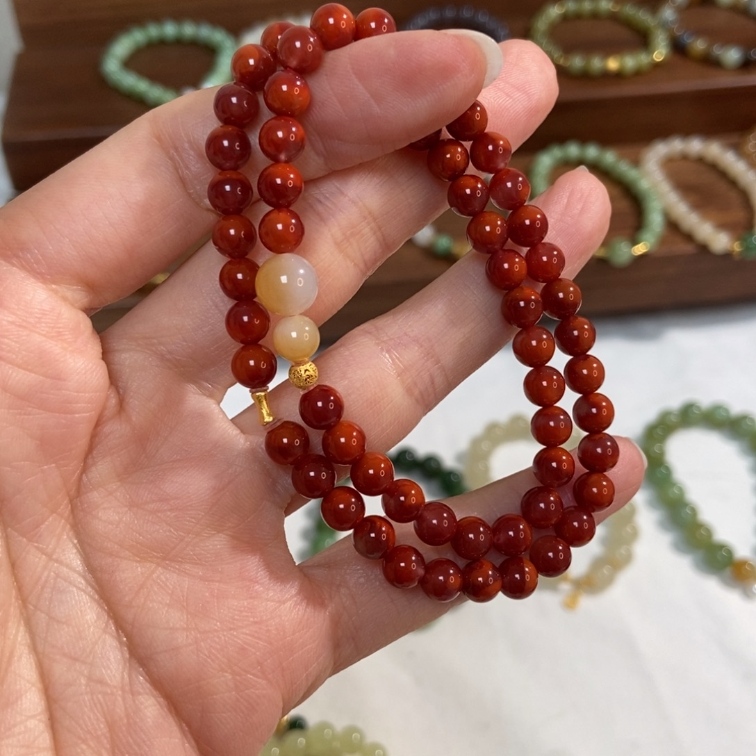 南红玛瑙18K金镶嵌手链5mm南红双圈