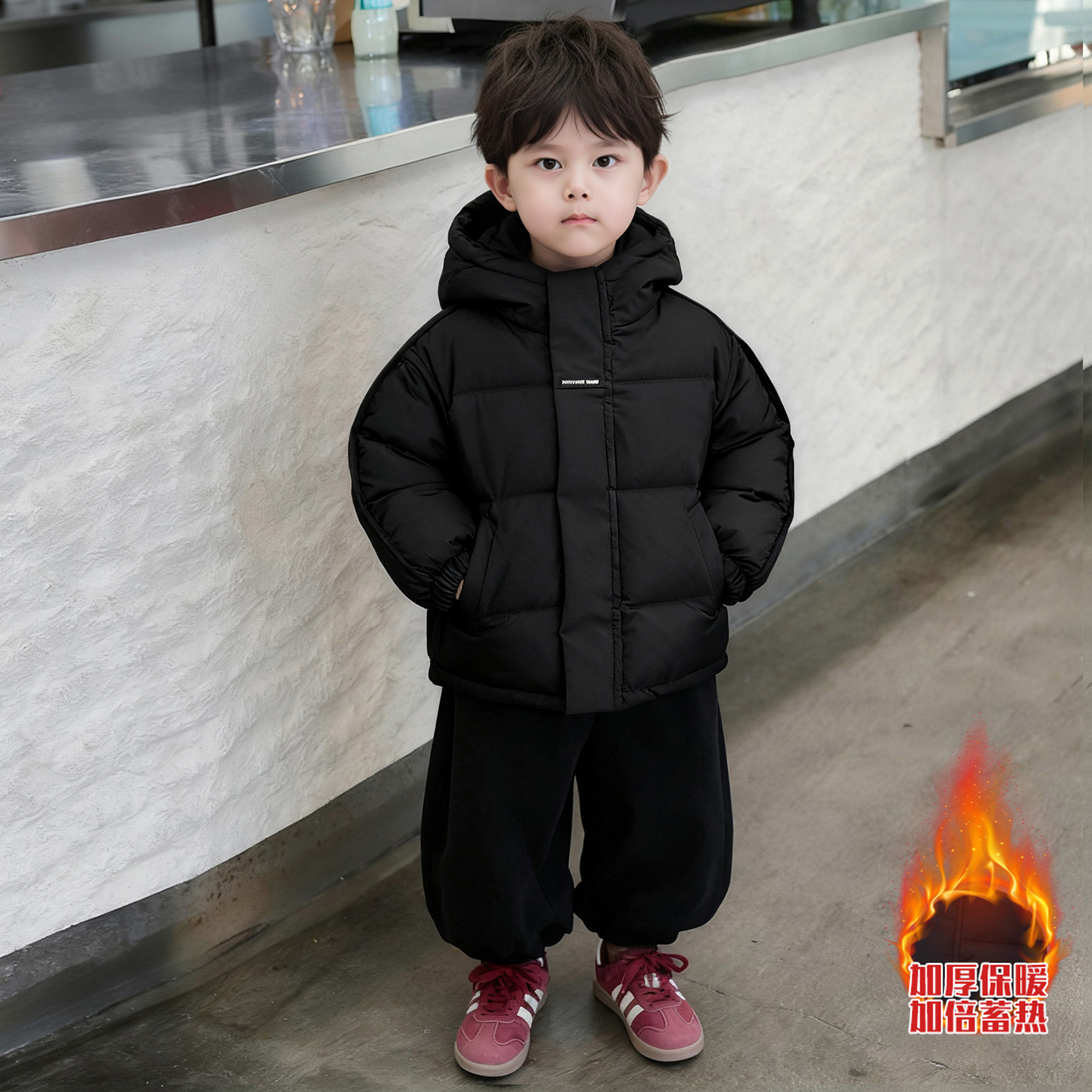 男童纯黑色棉衣贴标棉袄秋冬宝宝棉服冬季加厚儿童