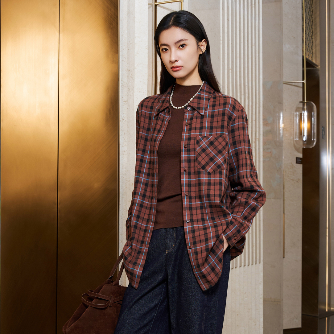 【俪妍】极简造型咖色格纹衬衫