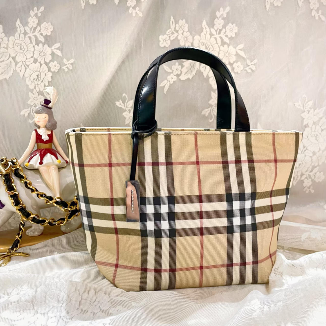95新 BURBERRY/博柏利 大吉中古/博柏利格纹小菜篮托特