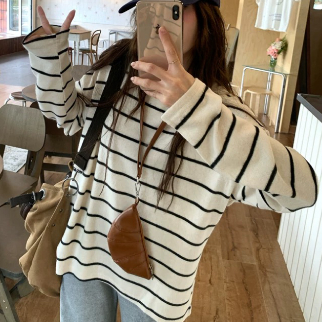 【现货】秋冬条纹女装磨绒圆领宽松保暖衫长袖针织外穿上衣T恤