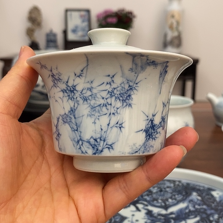 景德镇艺术艺术墨竹盖碗