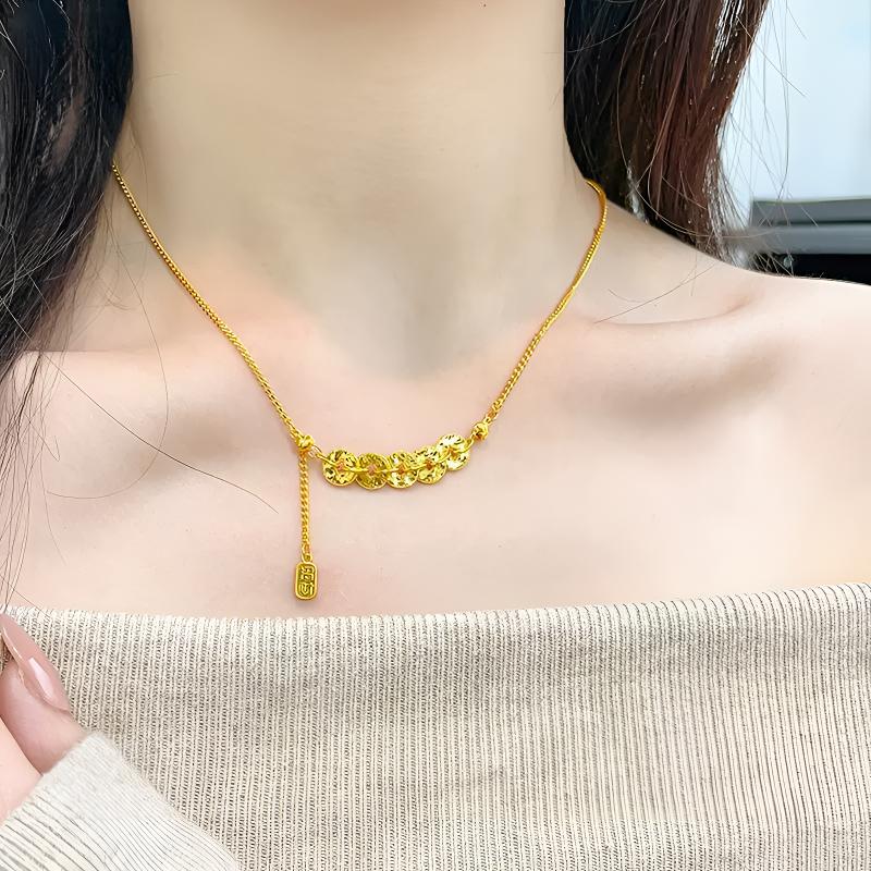 铜合金项链   （拍一发二送四叶草项链）镀K金碎碎冰五帝钱项链精美