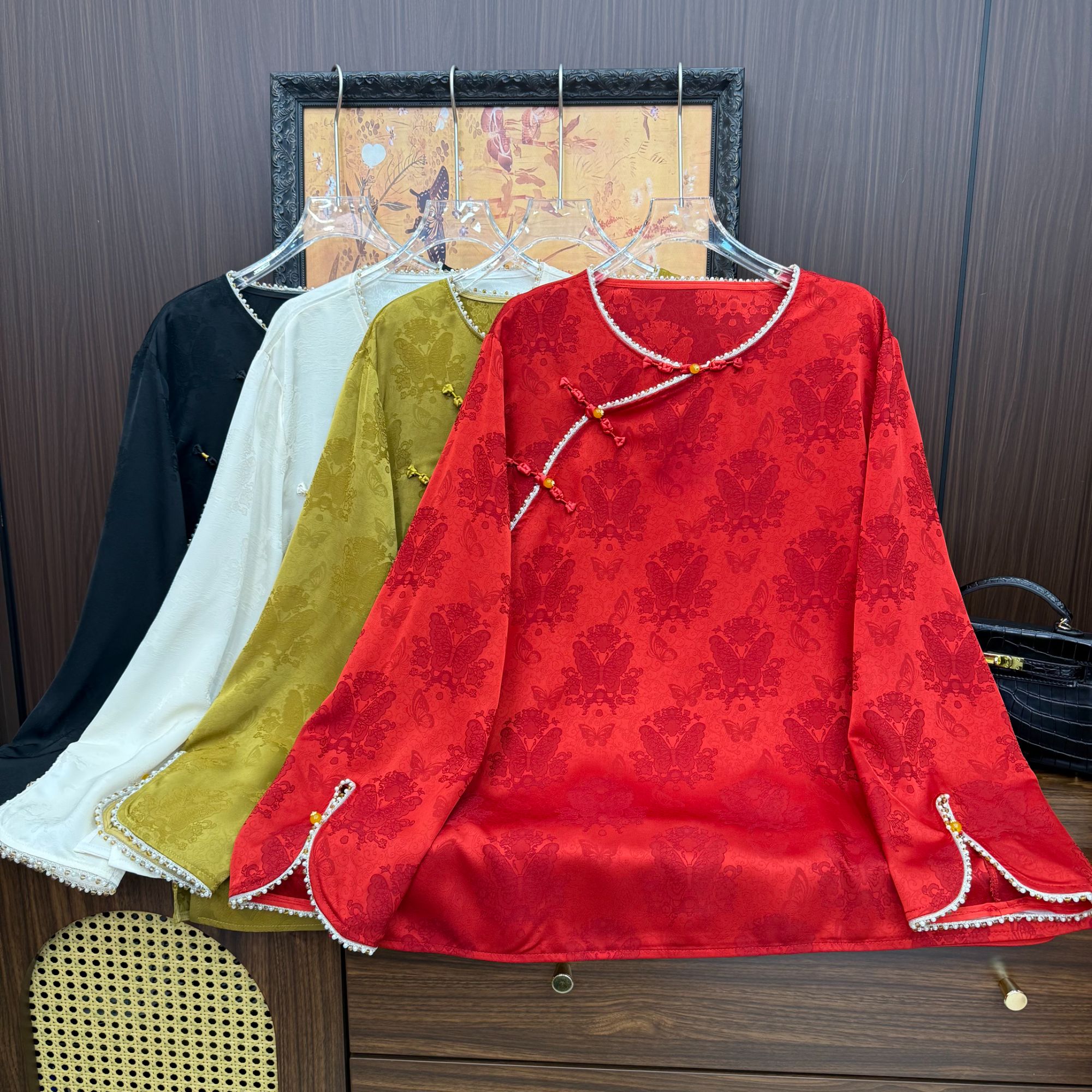 长袖提花圆领新中式气质常规上衣斜襟国风2025大码女装秋冬季新款