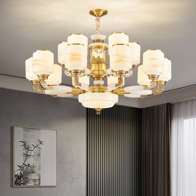 新中式中国风全铜玉石吊灯客厅灯高档大气餐厅灯