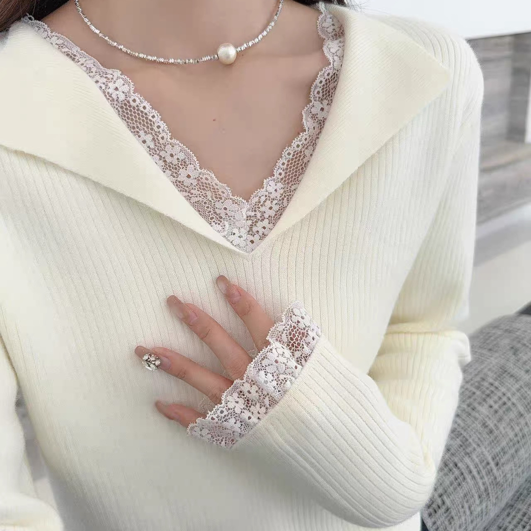 L02X7蕾丝边加绒针织打底衫
