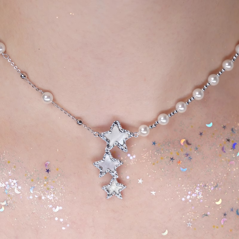 SSIXEE 坠链均925银 金星系列 男女欧泊三颗星星球肌理纹纯银项链