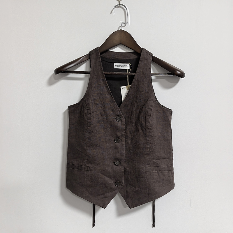 出口西班牙外贸尾单！女款V领双层亚麻马甲经典简约款女士马夹