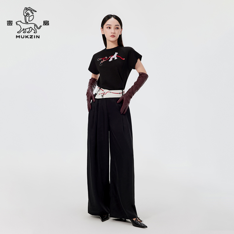 密扇夏狸尨梦华录黑色宽松阔腿长裤M24BC21010001
