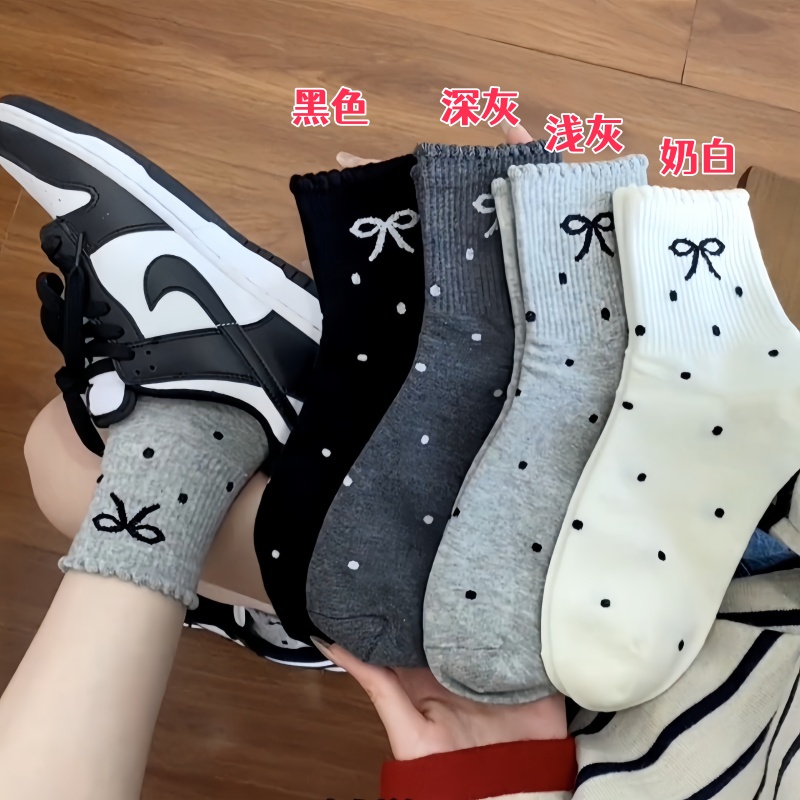 袜子女四季款中筒袜极简风圆点花边蝴蝶结黑白纯色学生ins潮袜子
