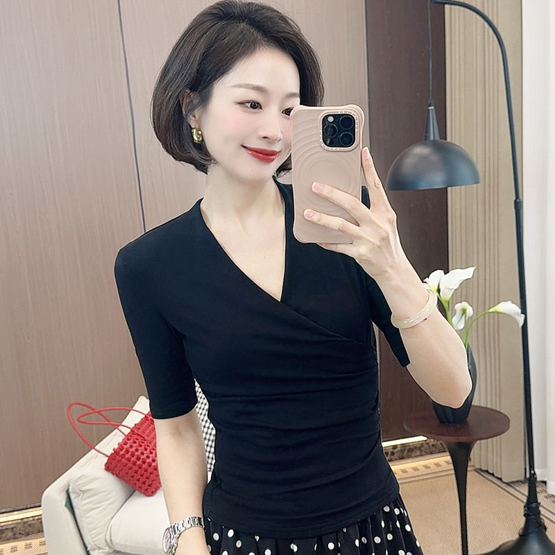 夏季2025新款正肩中袖t恤女纯欲修身前交叉领设计款上衣