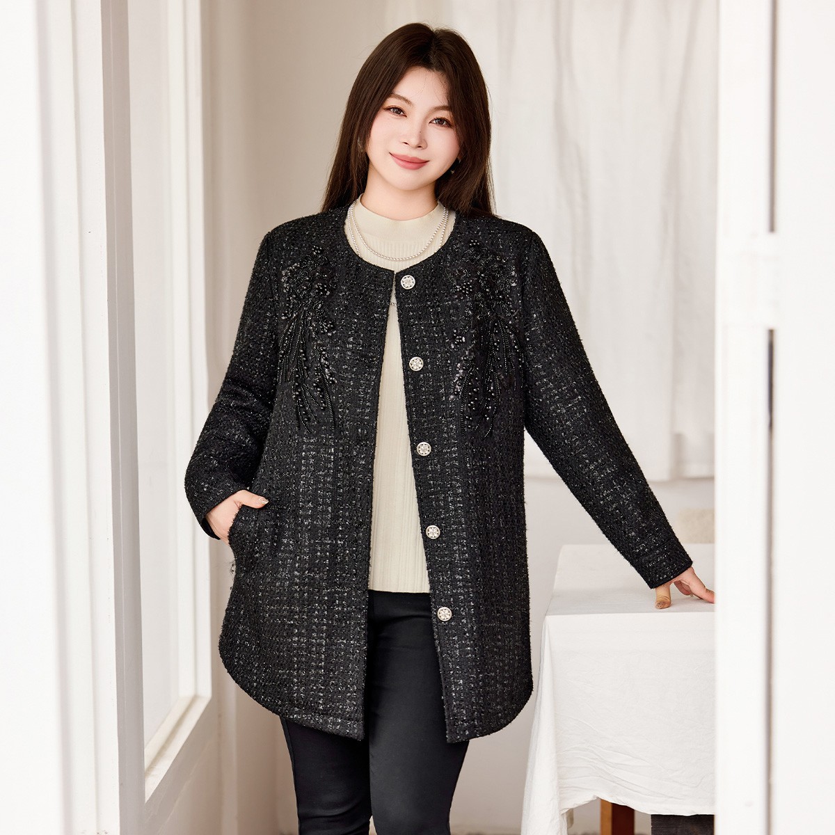 【小香风亮丝粗花呢外套】MsShe大码女装2025冬保暖厚外套E2511032