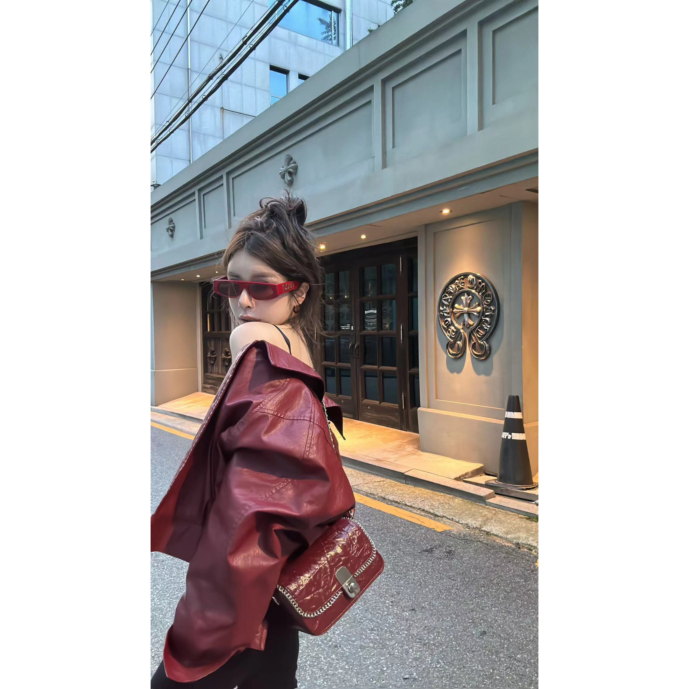 HuiHui【秀场主推】短款pu皮夹克外套女秋宽松复古机车皮衣（A497）