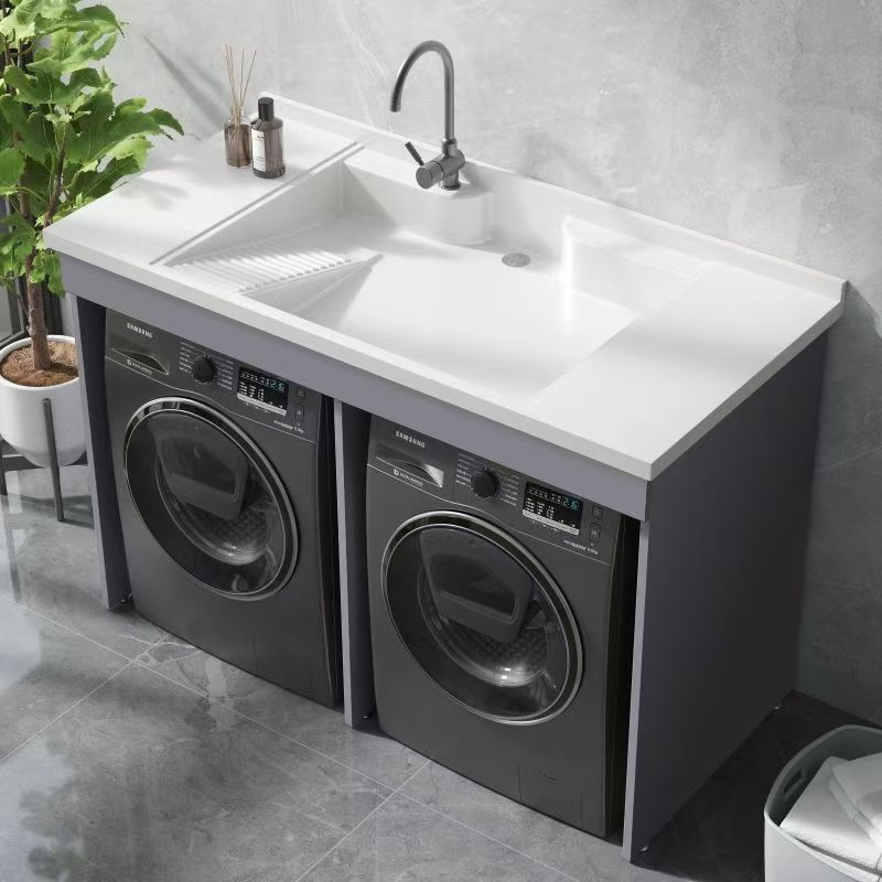 阳台双洗衣机一体柜组合定制洗烘双机平放石英石大水池台盆