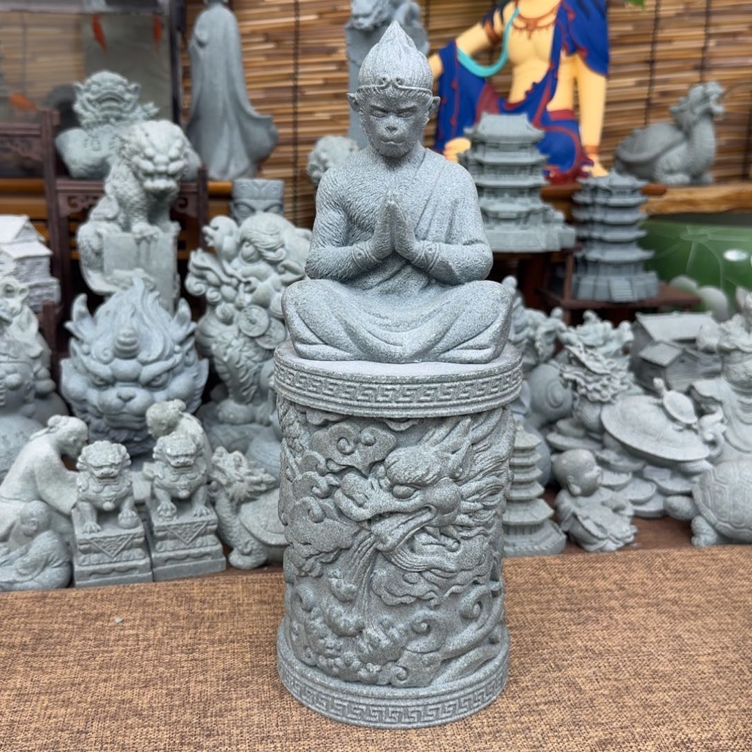 石材青砂石合十悟空加15公分龙柱