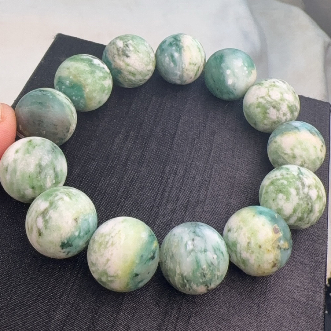 南阳独玉飘绿洒金圆珠手串直径17复古款磨砂工艺未抛光送人自用