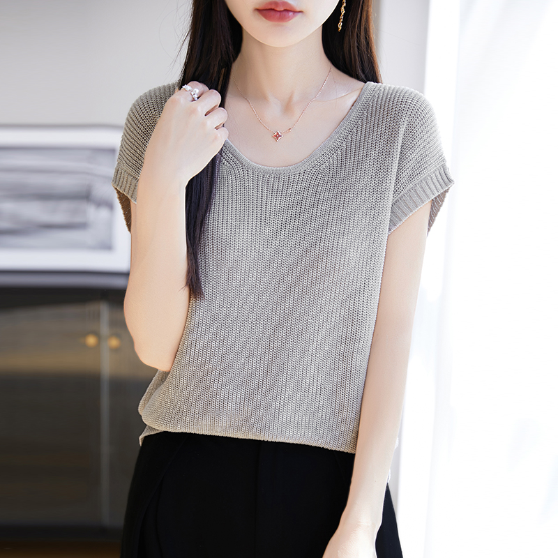 2025新款天丝亚麻凉感圆领短袖针织衫女宽松显瘦简约背心飞袖洋气