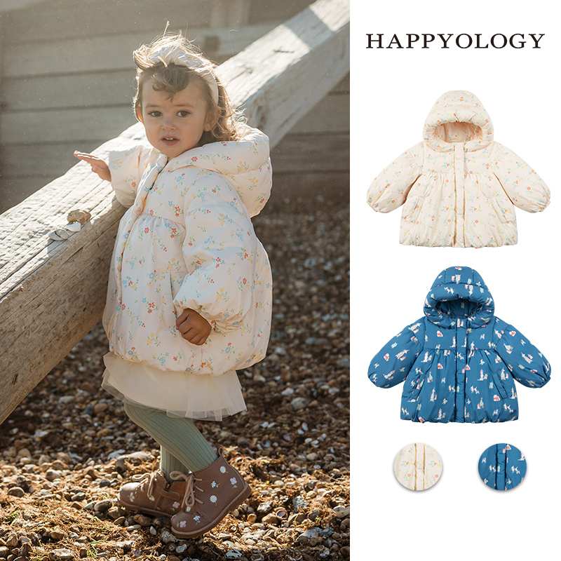 Happyology英国儿童秋冬装新款外套女童印花连帽白鸭绒童装羽绒服