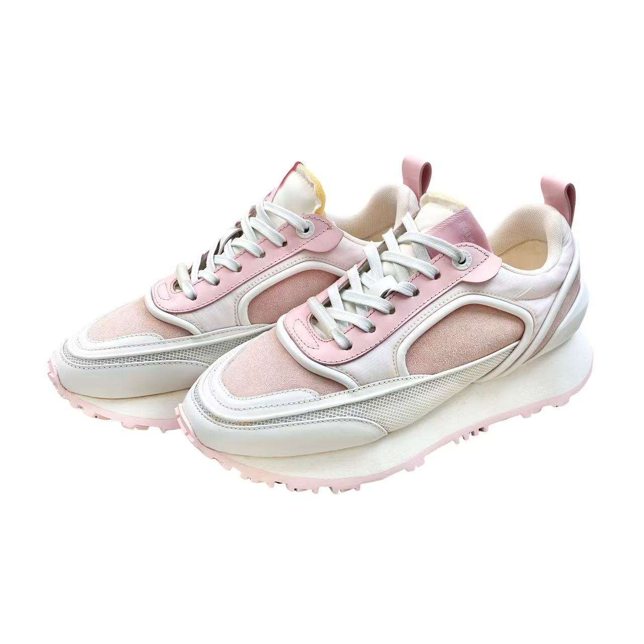 99新 BALMAIN/巴尔曼  pp1008 粉色绒面拼皮运动鞋 37码