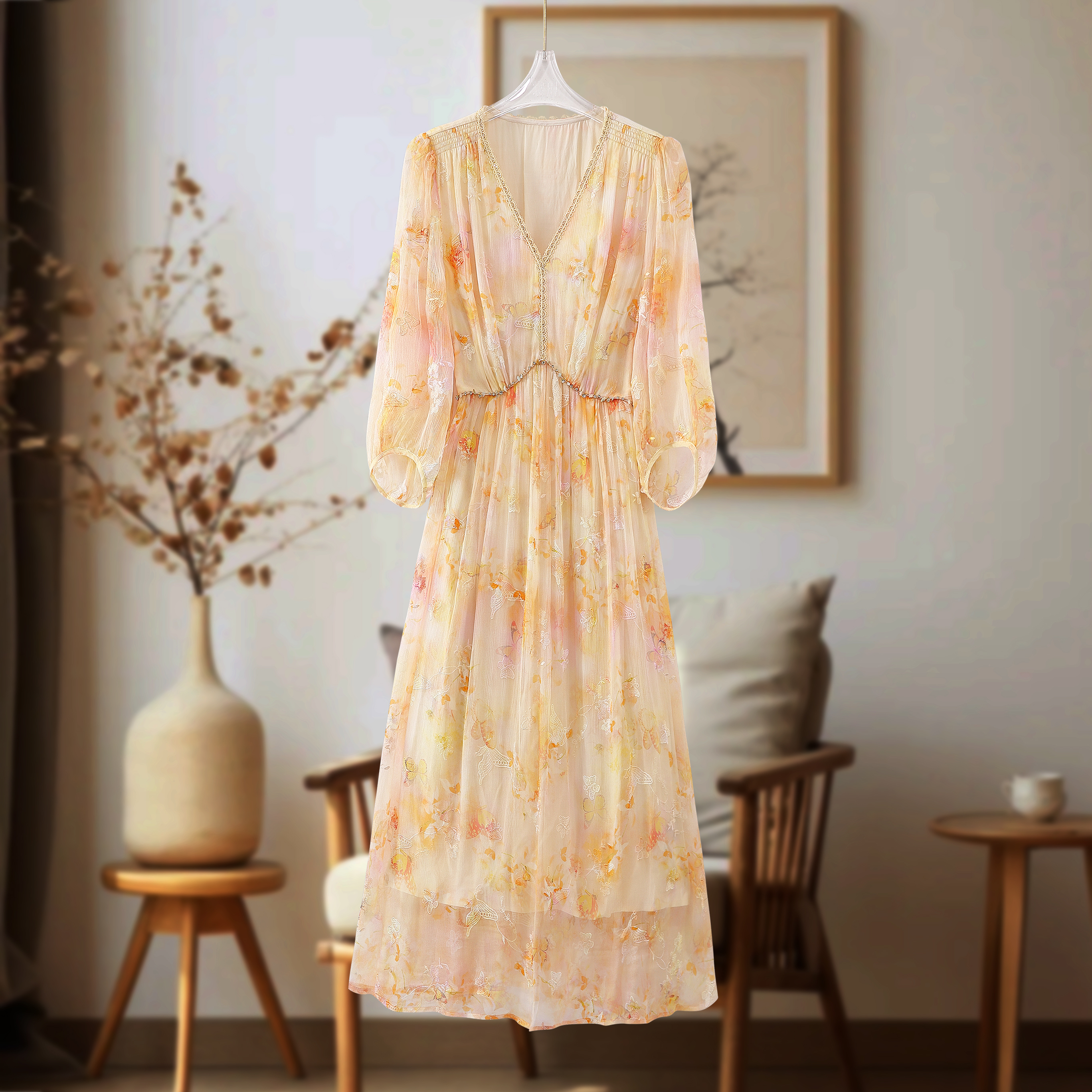 【沐沐家】100%桑蚕丝刺绣钉珠印花6A真丝气质优雅女装连衣裙C322