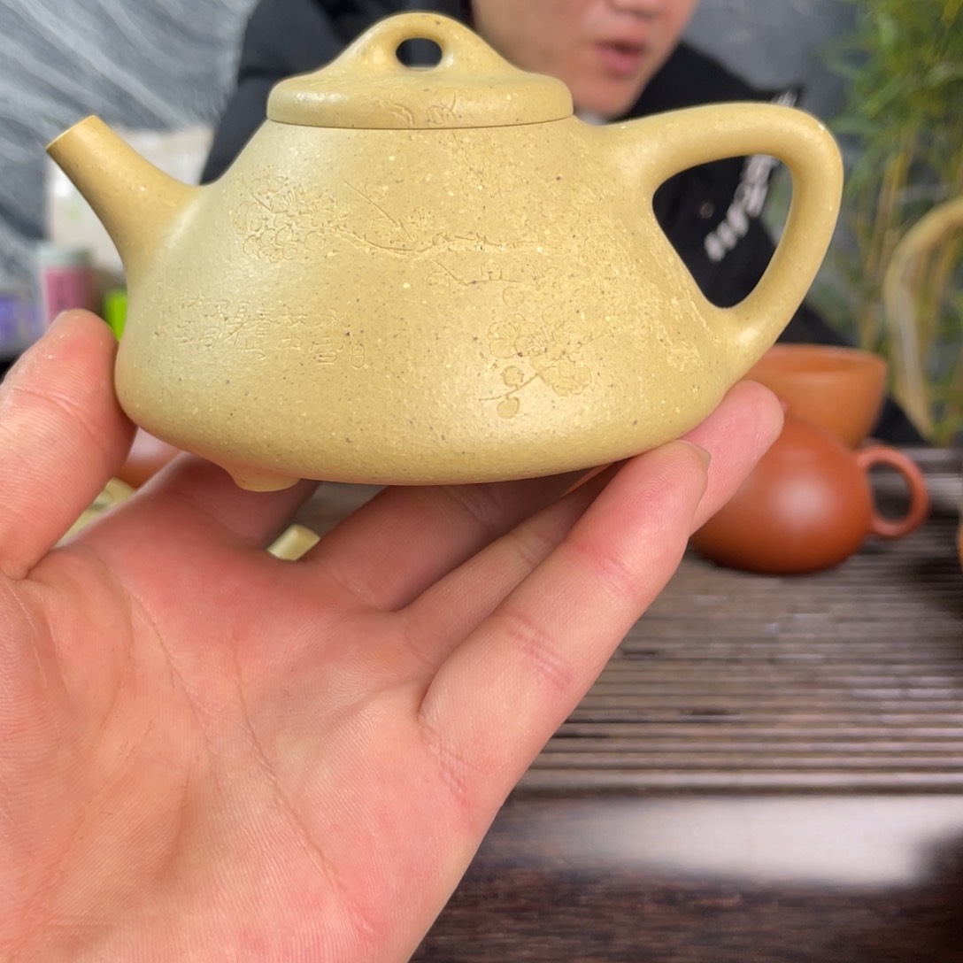 紫砂茶壶大水潭本绿子冶石瓢梅