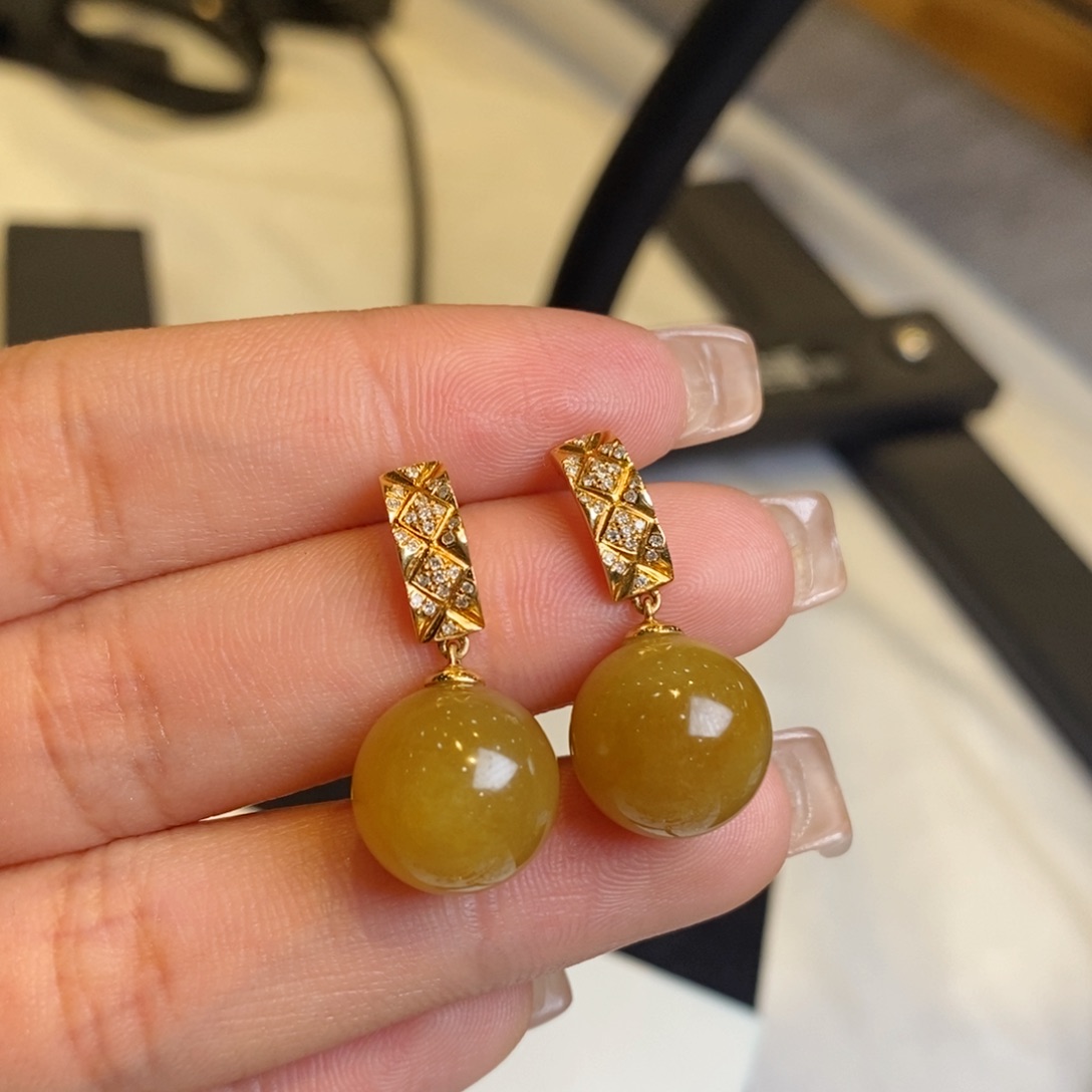 翡翠耳饰18K金镶嵌设计款珠子耳钉