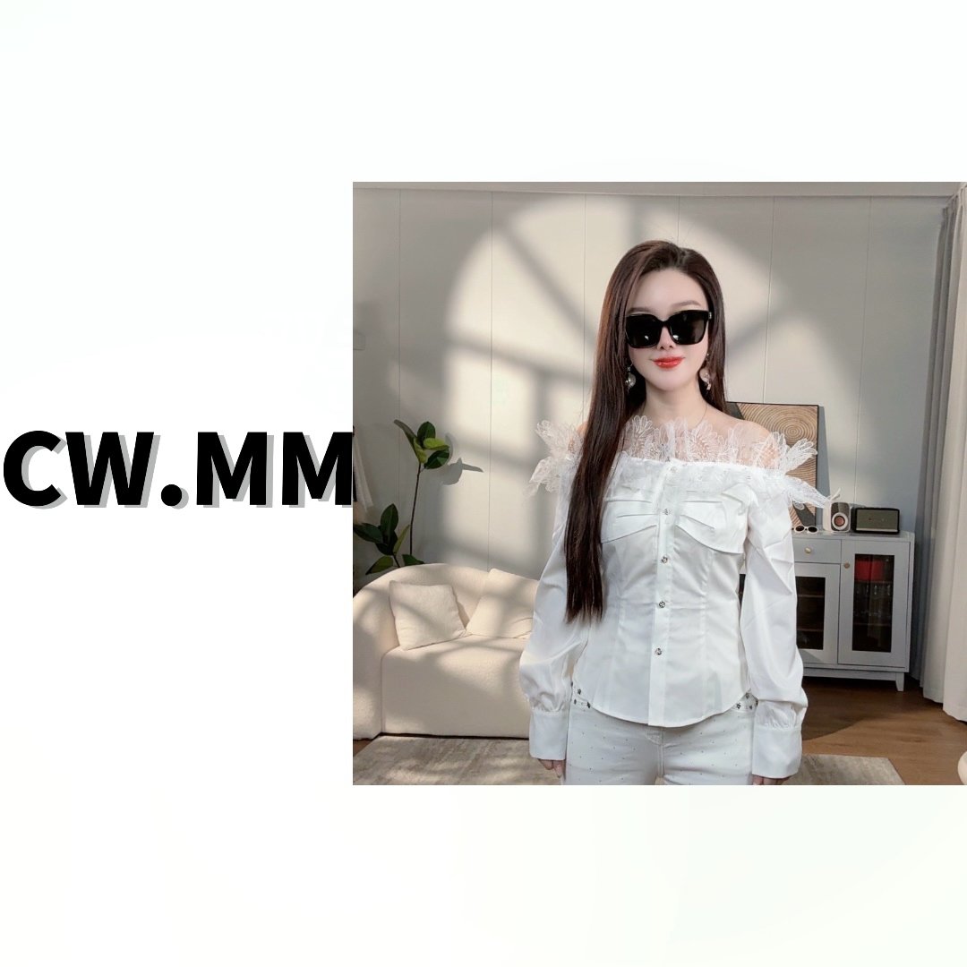 CW.MM 白色拼接水溶绣花气质收腰上衣