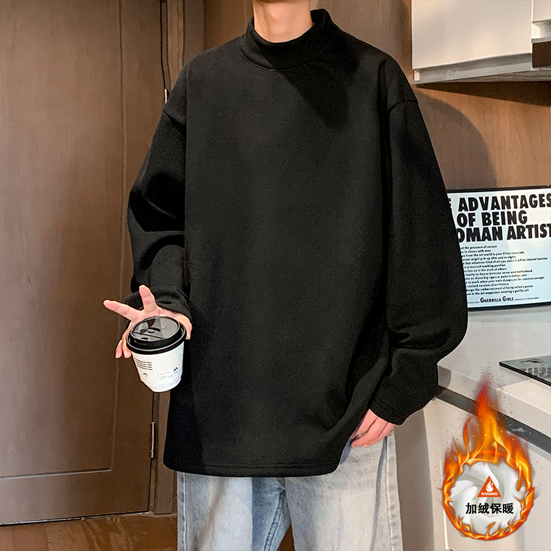 纯色长袖T恤男德绒打底衫美式潮牌宽松圆领港风帅气休闲百搭上衣