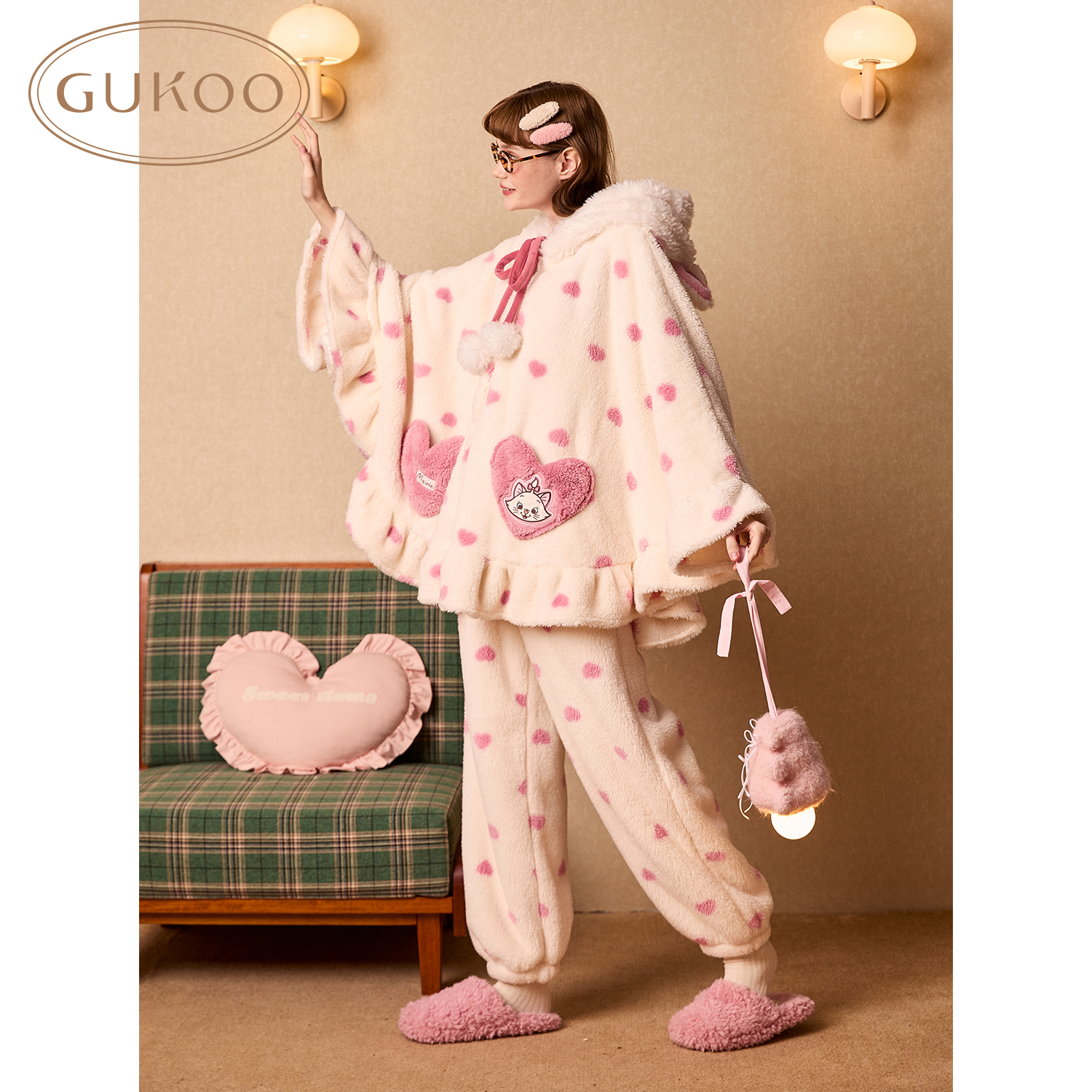【Gukoo果壳】玛丽猫联名冬季云感长毛绒保暖甜美斗篷家居服套装