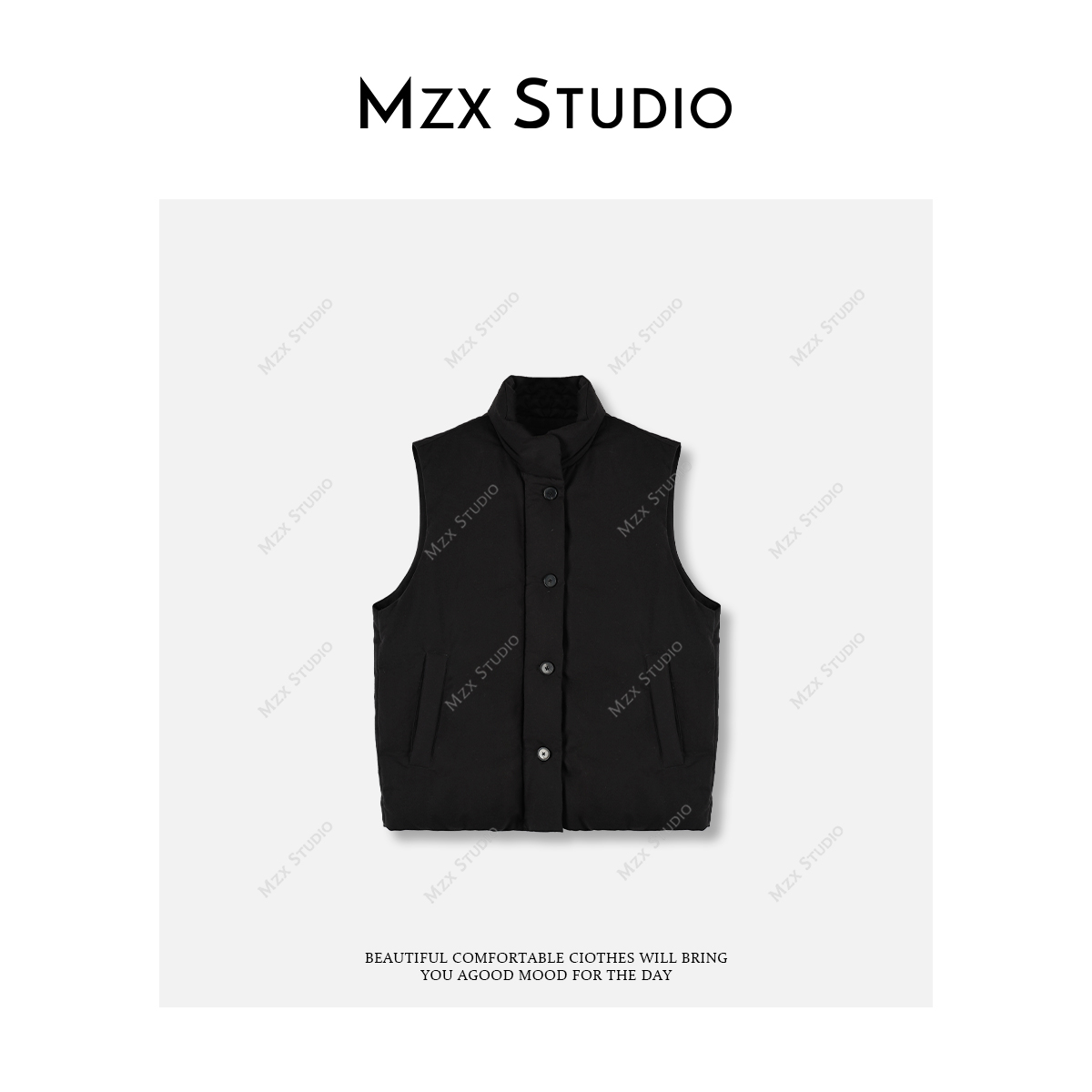 MZX天丝亚麻极简90白鸭绒立领无袖马甲冬季黑色羽绒服MJ11262-C