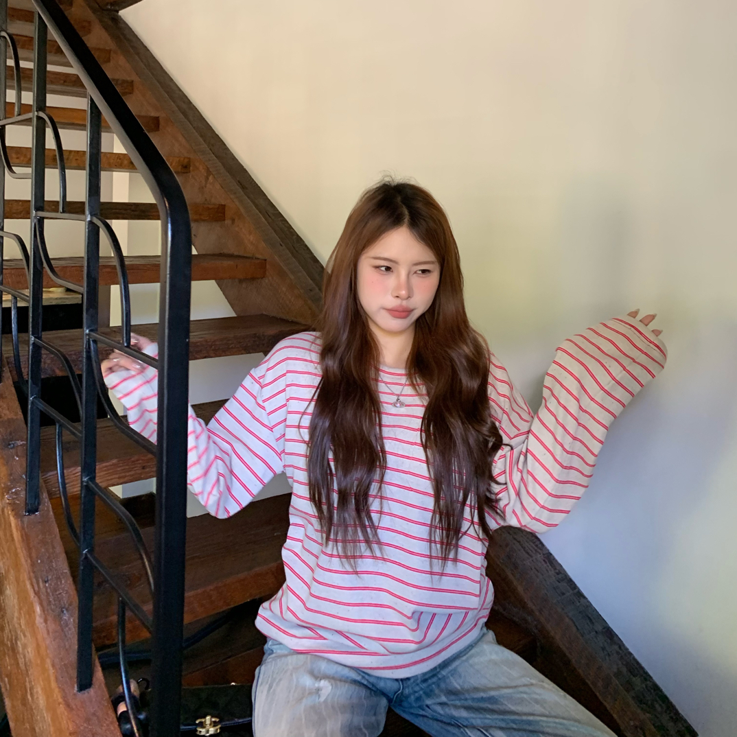 宅宅athome//甜莓律动 条纹长袖t恤宽松韩系慵懒松弛感上衣