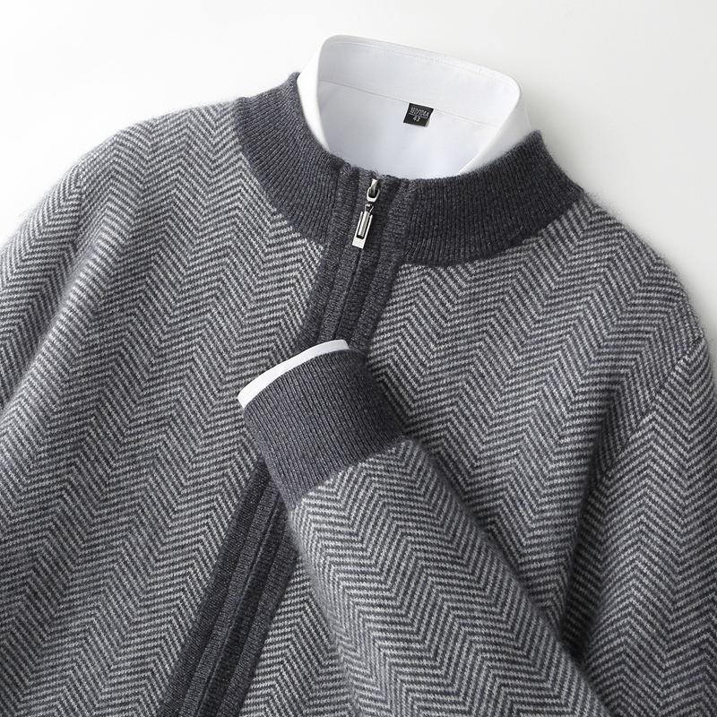男士秋冬新款羊绒衫半高拉链开衫加厚人字纹电脑提花商务羊毛外套