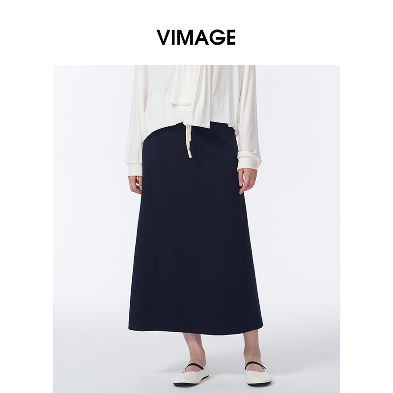 VIMAGE纬漫纪25秋简约纯色通勤A字百搭中长款休闲半身裙V2406113