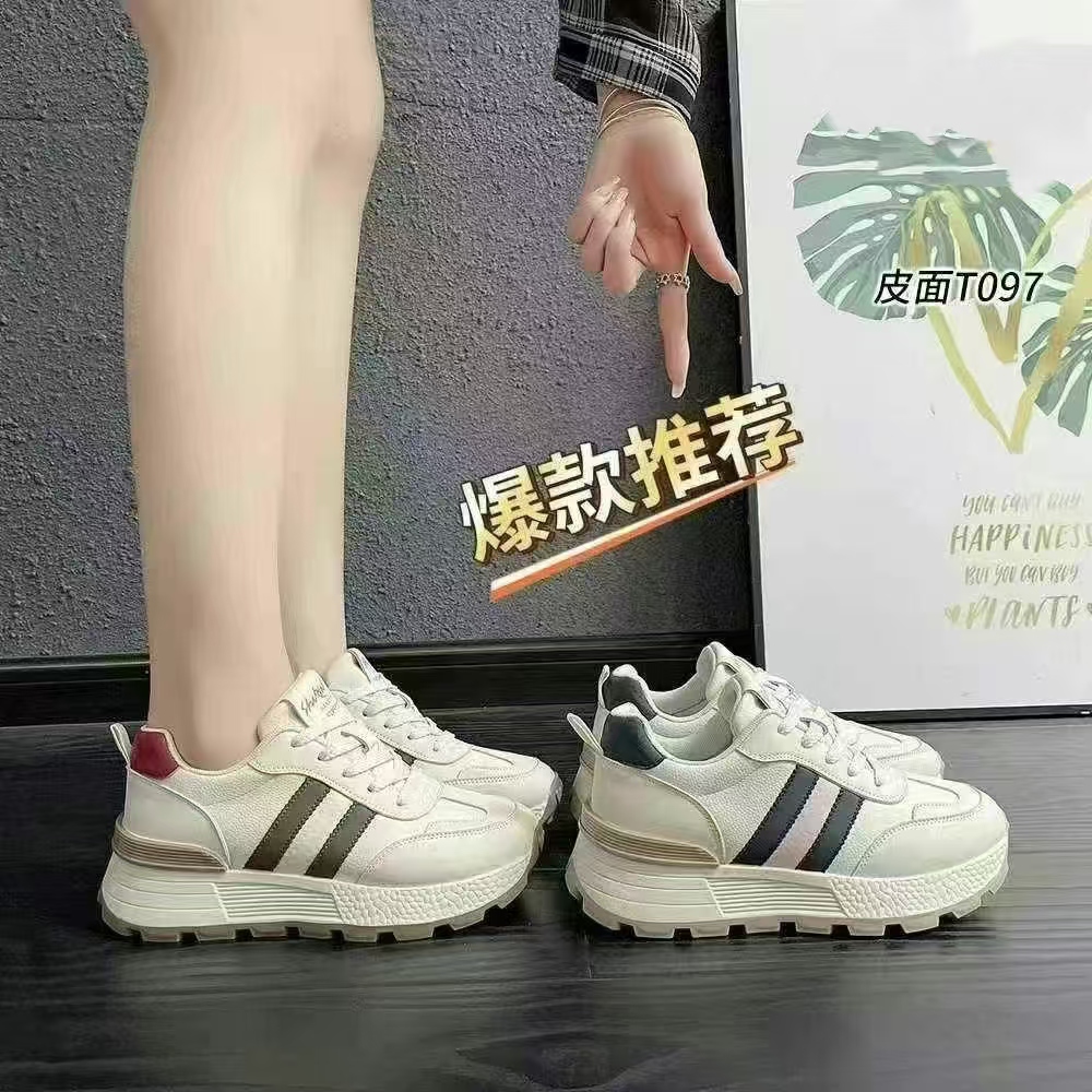 T097潮鞋厚底春季女士老爹鞋低跟春秋季皮面系带修面皮时尚休闲鞋