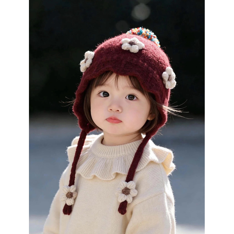 宝宝红色帽子韩系秋冬季保暖针织护耳帽女儿童防风毛线新年系带帽