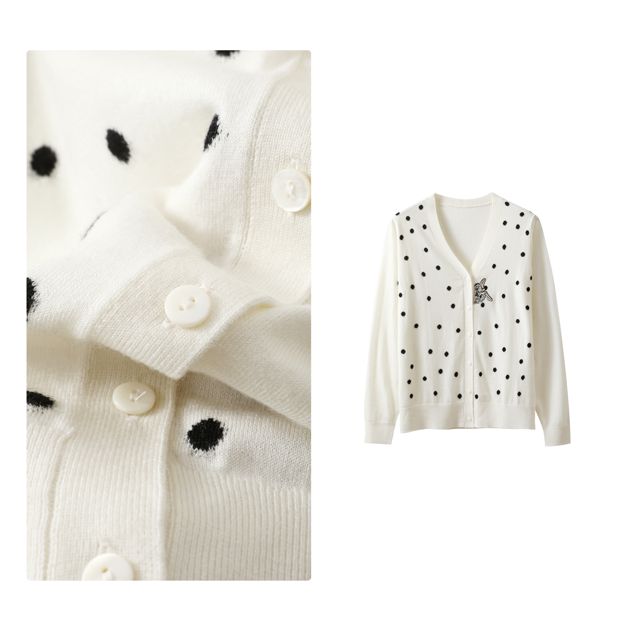 现货！门店17&9！时尚波点~绵羊毛百搭V领开衫针织衫女H00488