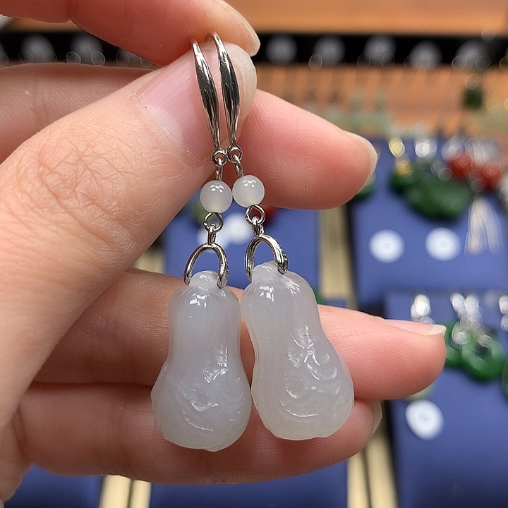 和田玉银S925镶嵌耳饰白菜21.7左右烟紫