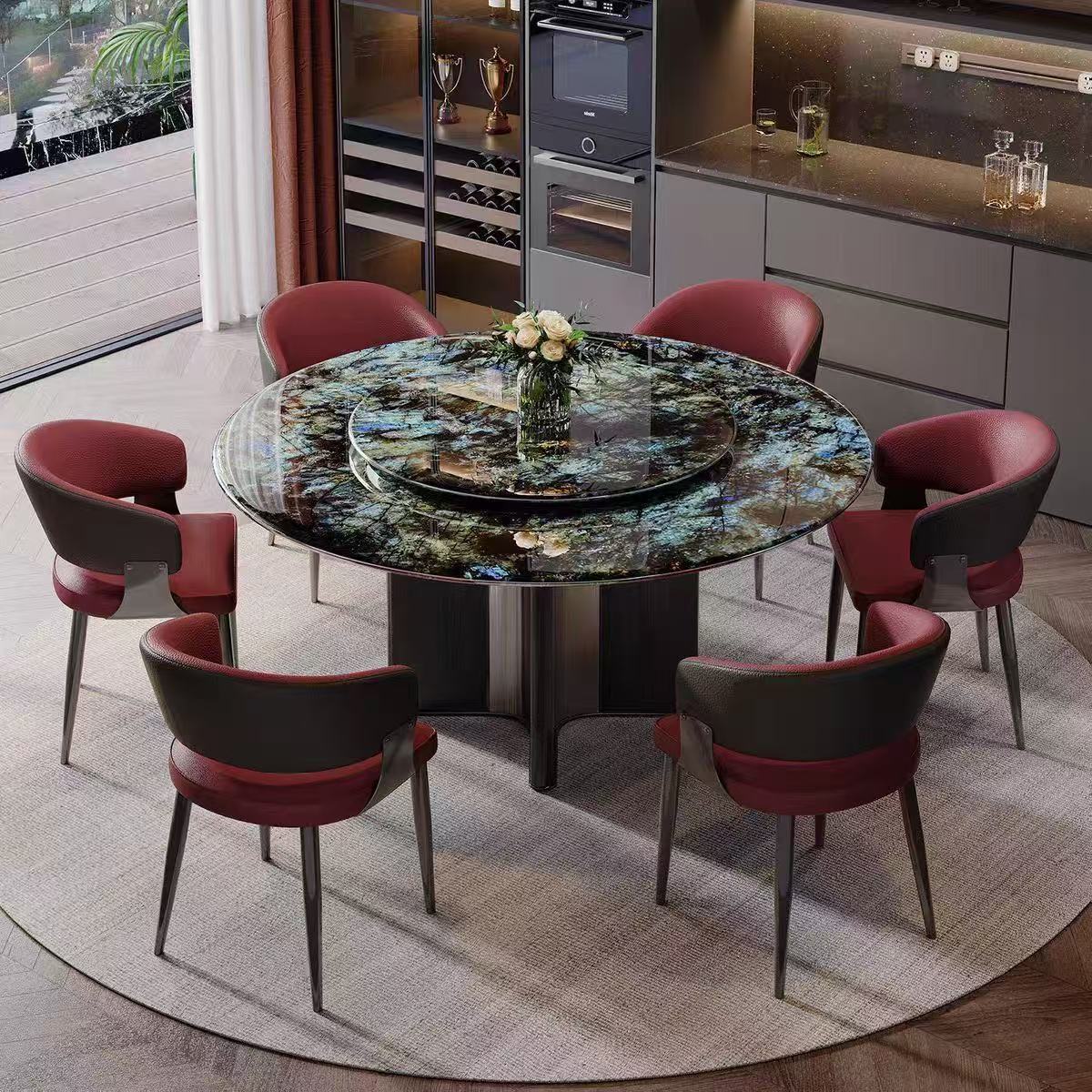 意式轻奢大理石圆桌带转盘家用别墅设计师餐桌高端餐厅饭桌