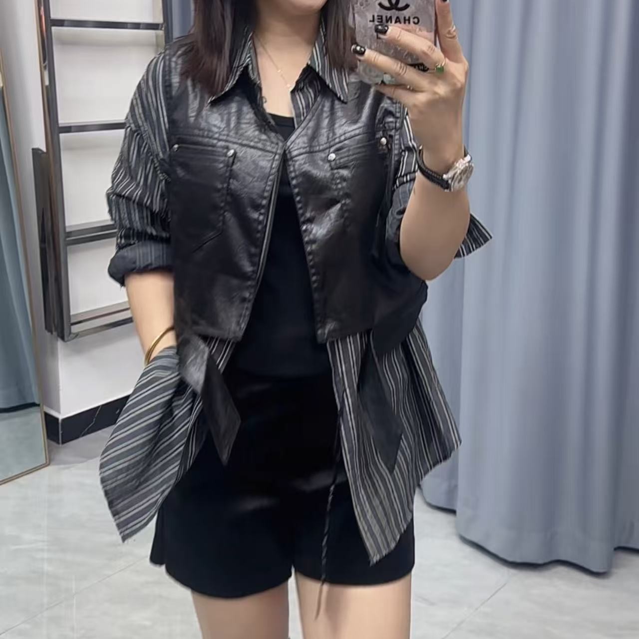 长袖假两件条纹设计感中长款宽松衬衫51029