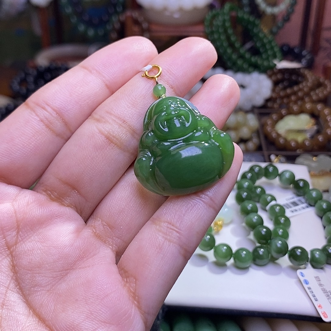 和田玉未镶嵌颈饰碧玉满色满绿老矿料金镶