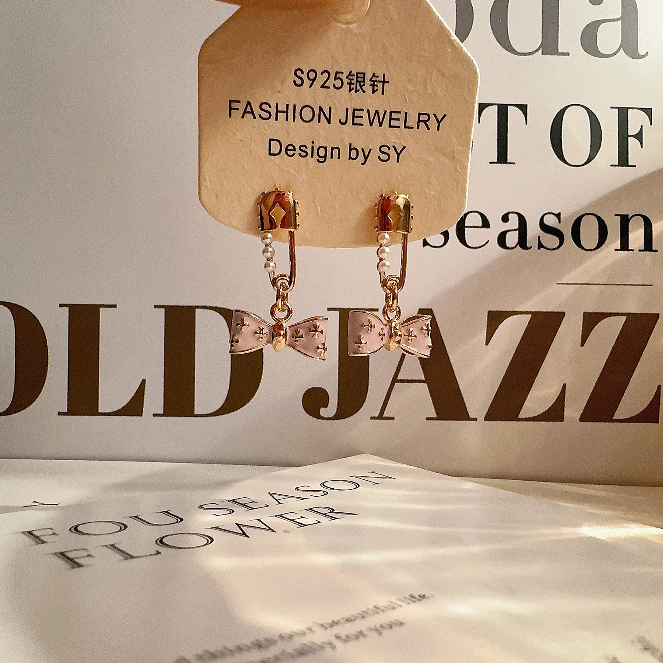 铜合金耳饰 4499 粉色蝴蝶结别针耳环