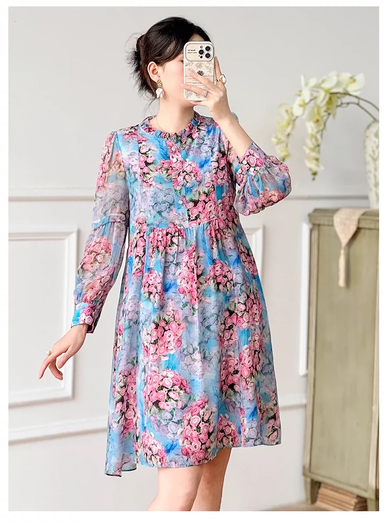 特价夏季真丝桑蚕丝名媛风碎花印花连衣裙LL2022027A