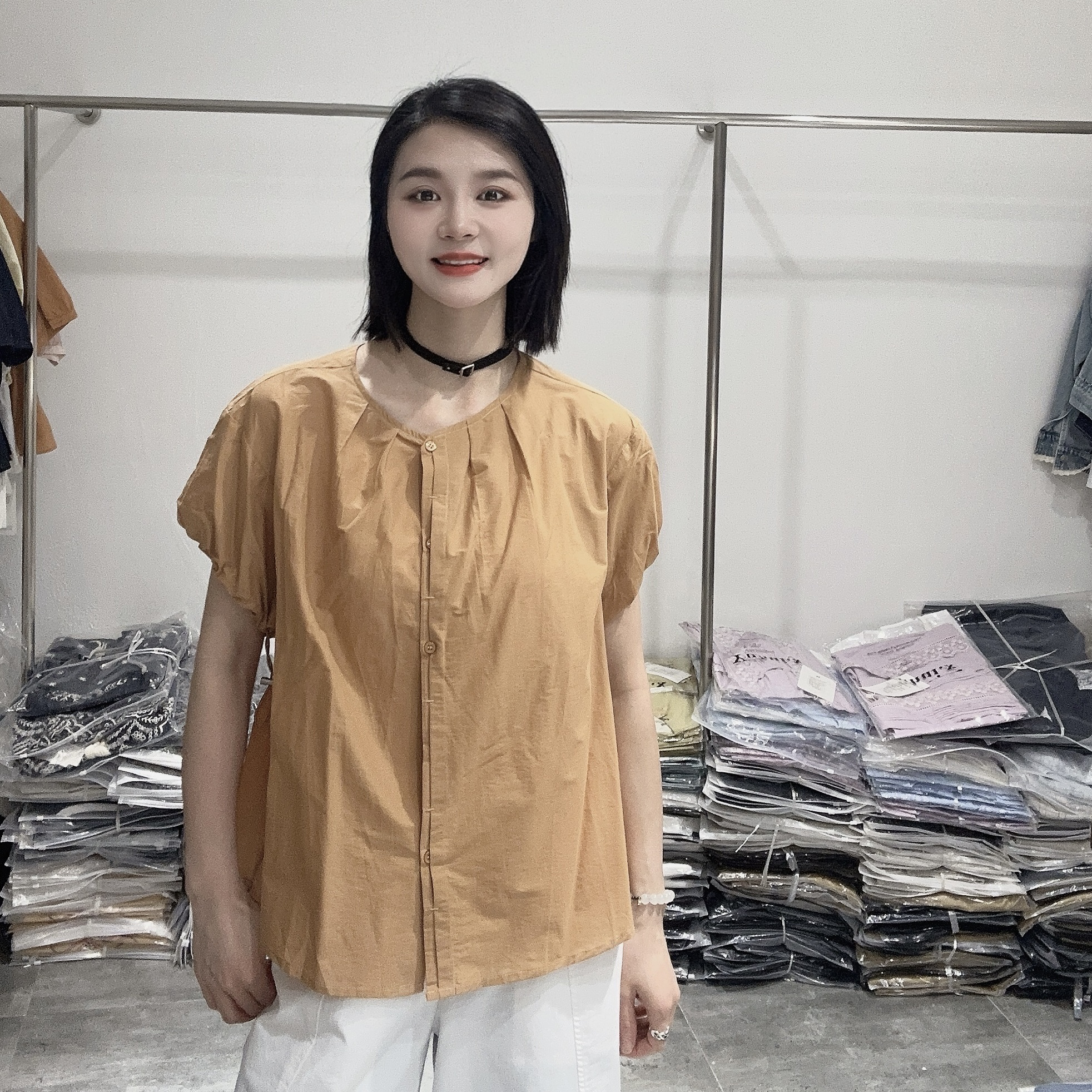 LMM 2512323 高级感花苞袖衬衫女短袖2025新款夏季宽松洋气小衫