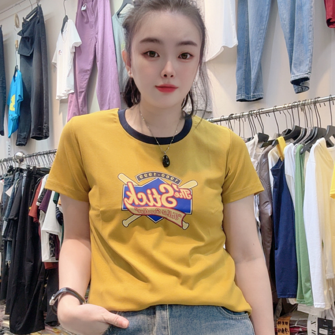 罗纹棉上衣新款圆领正肩弹力显瘦百搭减龄休闲风女t