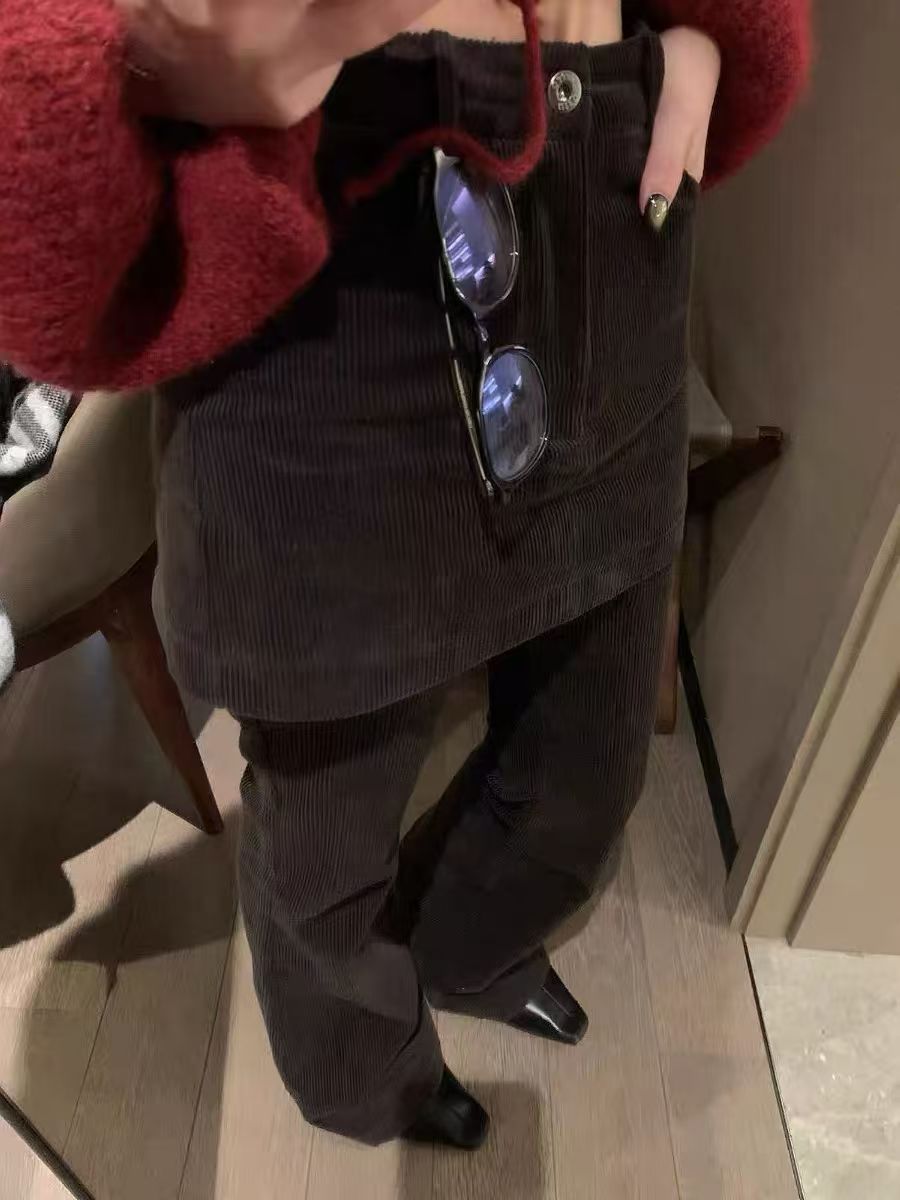 灰灰呀！清潭洞筷子腿～韩代欧尼设计感灯芯绒假两件微喇屁帘休闲裤