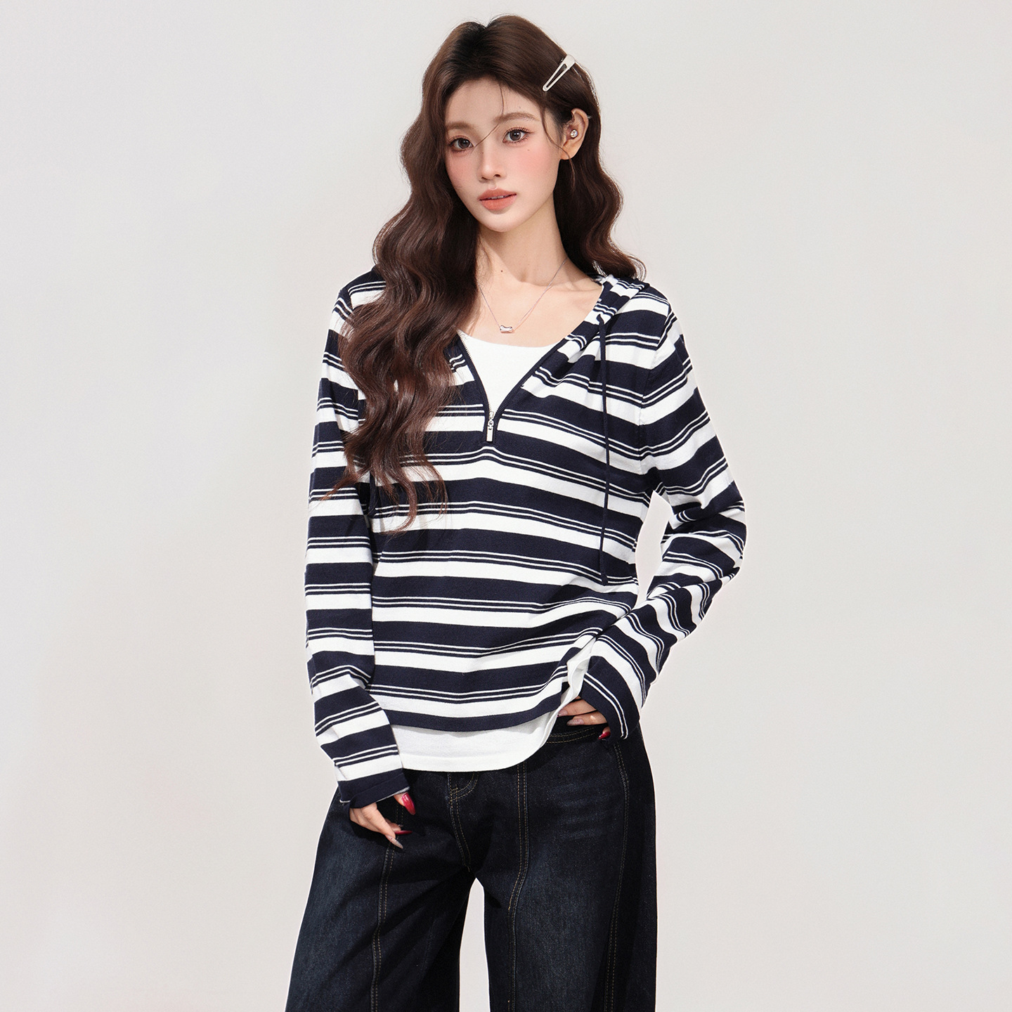 假两件连帽长袖针织衫条纹撞色女季宽松打底衫设计感上衣Z9166