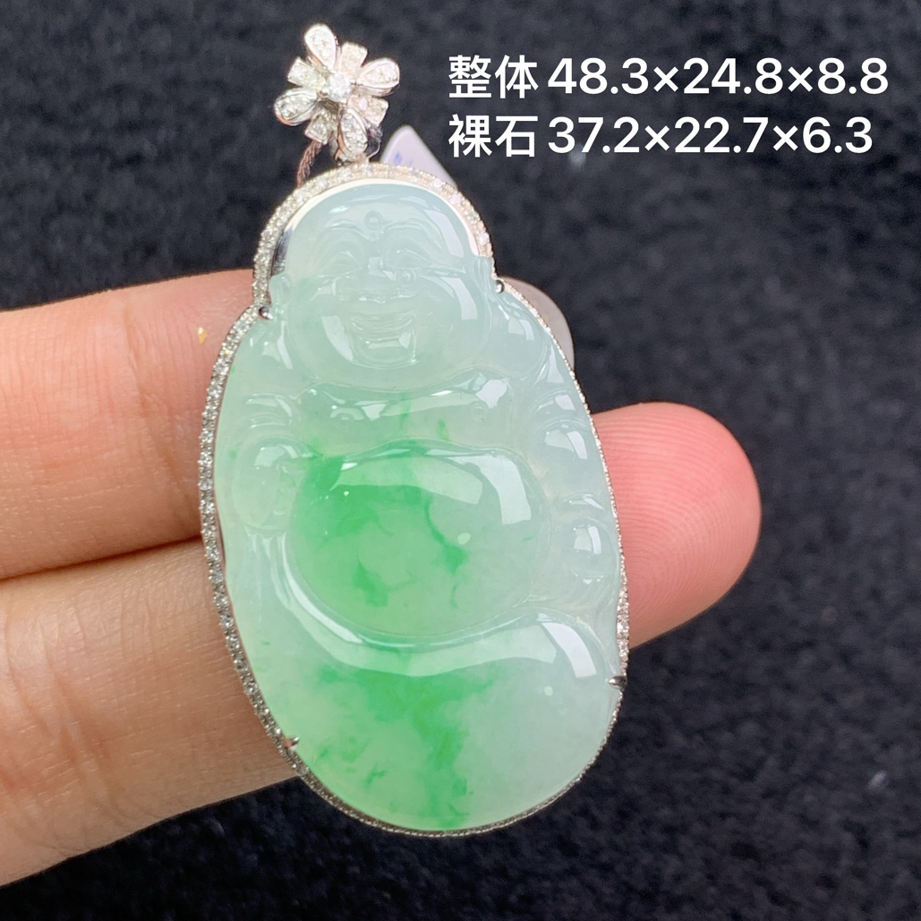 18k金镶嵌天然缅甸A货翡翠阳绿佛公48.3×24.8×8.8/37.2×22.7×6.3